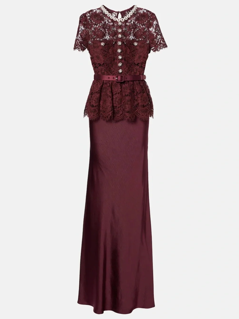 SELF PORTRAIT BELTED LACE AND SATIN MAXI DRESS